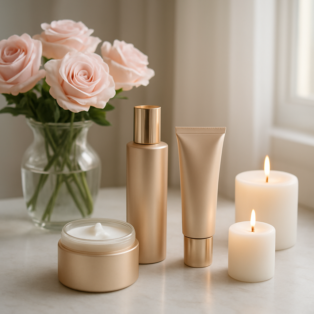 Luxury spa setup with roses and beauty products